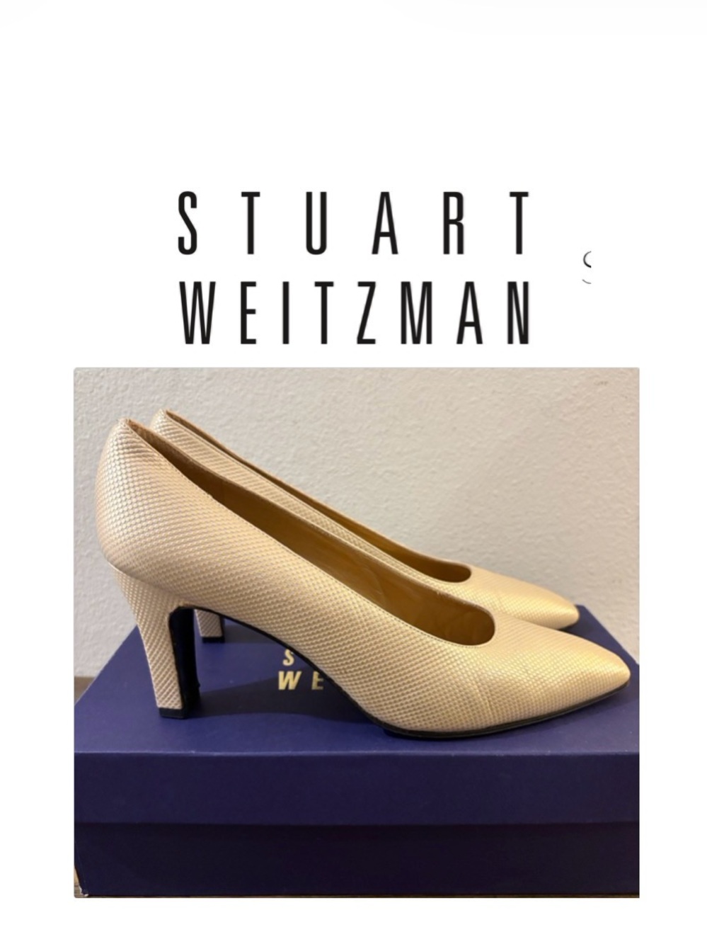 [Stuart Weitzman] Vintage Pearly White Pointed Toe Kitten Wide Heels Women’s 7 W
